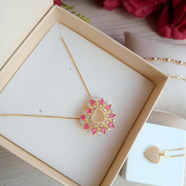 Colar Coração Zircônia Rosa