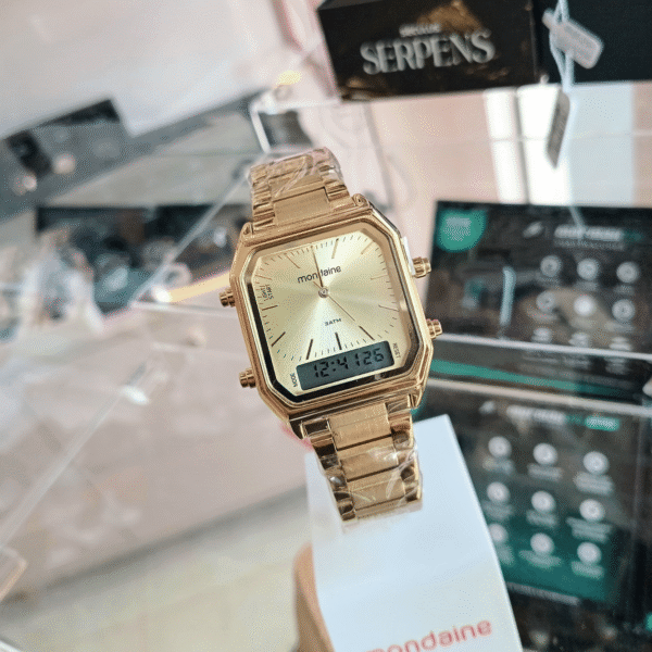 Relógio de Pulso Feminino Mondaine – Digital e Analógico, Caixa de Metal e Pulseira em Aço Dourado | Sempre Linda Boutique